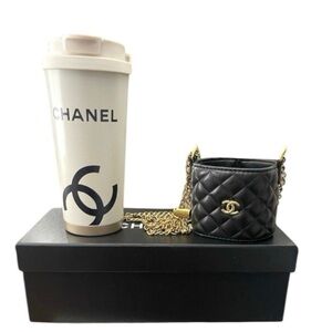 NWOT CHANEL GWP Black Quilted Bag and White Tumbler Set with Box